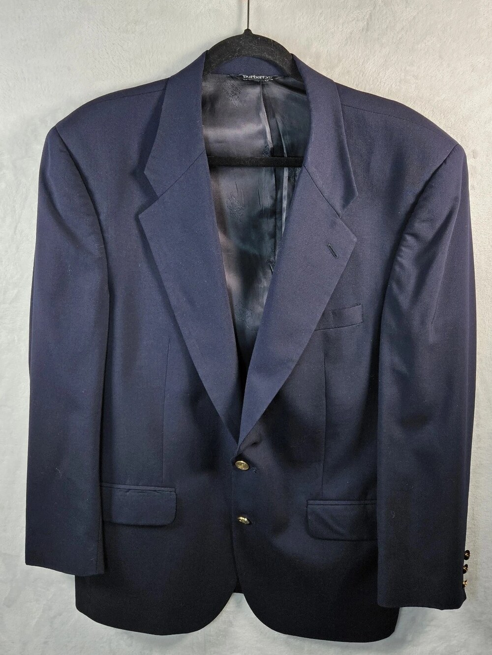Burberrys Blazer Sport Coat Navy Blue Super 100s Wool Gold Buttons Mens Size 44R